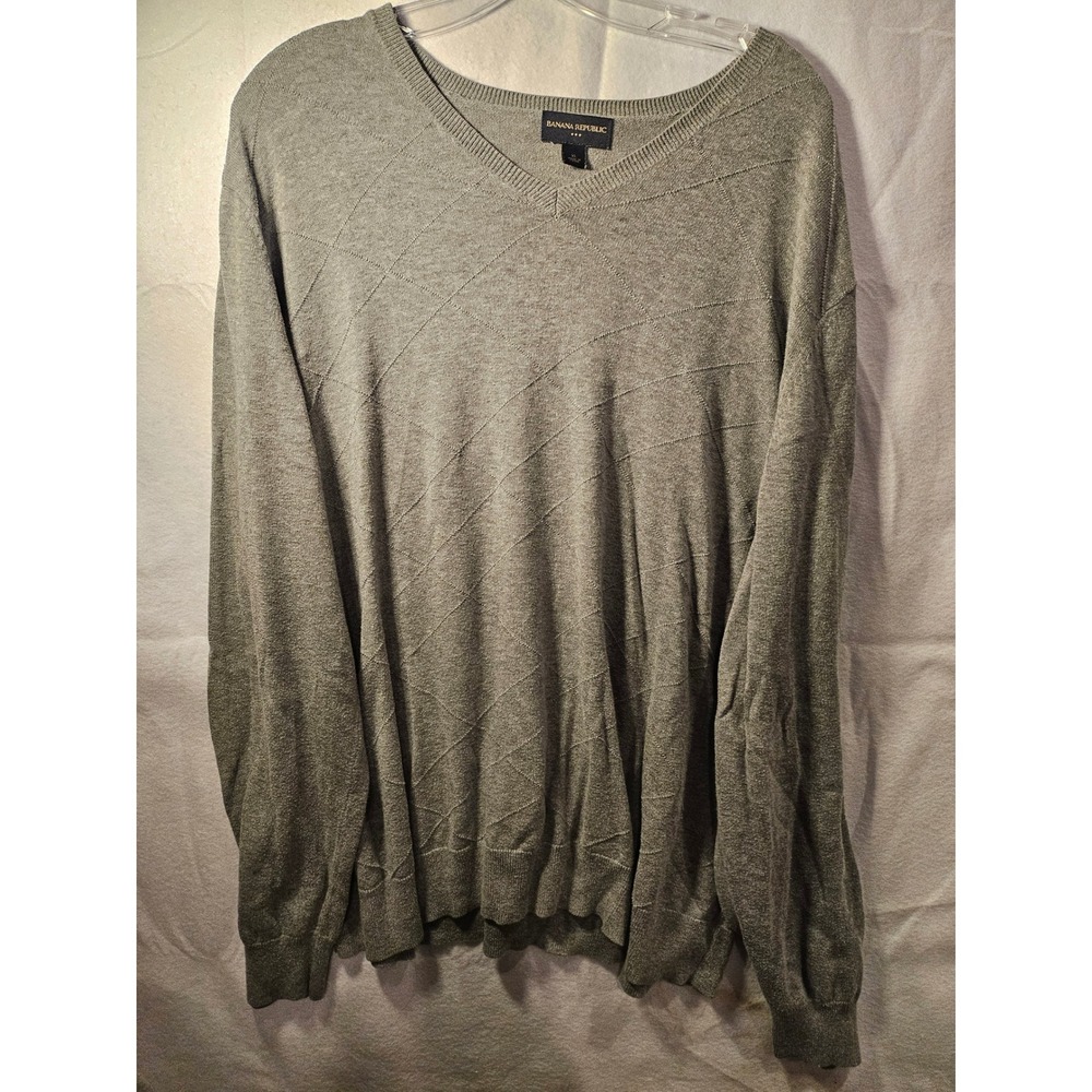 Banana Republic Mens XL V-Neck Sweater Gray Textured Diamond 4000 Long Sleeve